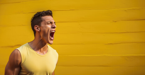 Young man shouting against a solid color background - Expression and Voice  - AI Generated