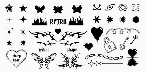 Collection of Y2K trendy shapes, tribal patterns, vector isolated drawings, geometric symbols in 2000s aesthetics.