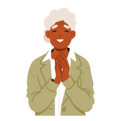 Old Female Character Praying. Elderly Woman, Eyes Closed In Devotion, Palms Pressed Together In Prayer