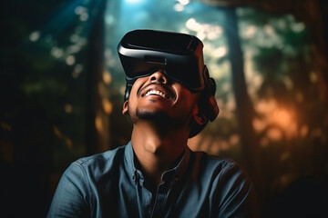 A young man is immersed in a virtual reality experience, wearing a VR headset and interacting with a digital world.