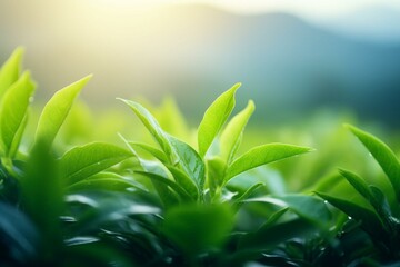 Fototapeta na wymiar Closeup of fresh green tea leaves in soft light background, known as a healthy drink. Generative AI