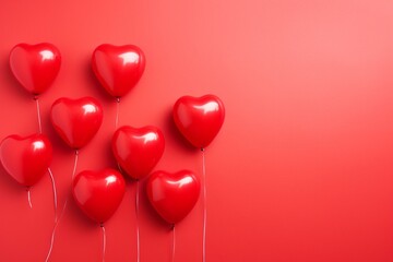 Romantic heart-shaped balloons on vibrant red background, arranged in a flat lay style. Generative AI