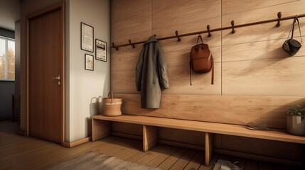 A hallway with a built-in bench and integrated coat hooks
