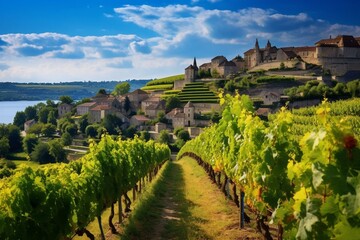 Fototapeta na wymiar Picturesque vineyards in Saint Emilion, famous wine region in France. Generative AI