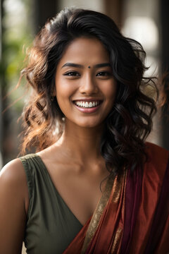a closeup photo portrait of a beautiful young asian indian model woman smiling with clean teeth. Image created using artificial intelligence.