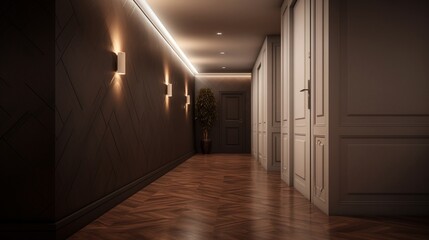 A hallway with a combination of textured and smooth wall finishes