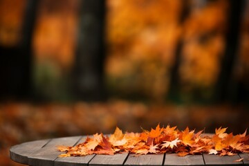 Naklejka na ściany i meble Table with orange fall leaves, autumn natural background. Generative AI