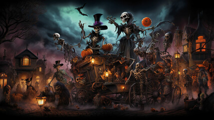 Obraz na płótnie Canvas Skeletons carnival dia de los muertos. Ghouls, abomination, Halloween season, Generative AI