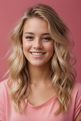 Photo of teen girl smiling portrait against pink background in studio, blonde long hair. Image created using artificial intelligence.