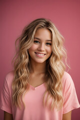 Photo of teen girl smiling portrait against pink background in studio, blonde long hair. Image created using artificial intelligence.