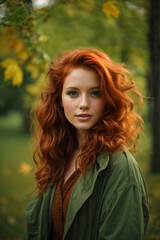 Fototapeta premium picture of attractive redhead woman model symbolizing autumn season over light green background during late autumn suset. Image created using artificial intelligence. 