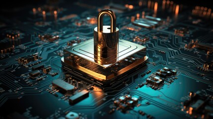 Fototapeta na wymiar lock inside abstract technology shield digital world cybersecurity link hi tech dark blue background