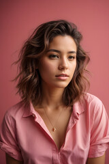 Fototapeta premium Portrait of a young woman in a pink shirt looking to the side and thinking, isolated on pink studio background. Image created using artificial intelligence.