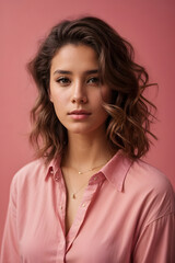 Portrait of a young woman in a pink shirt looking to the side and thinking, isolated on pink studio background. Image created using artificial intelligence.
