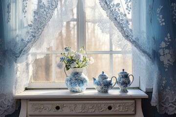 Morning lace curtain. Blue and white room interior. Generative AI