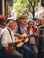 Fototapeta na wymiar A Photo of Elderly Travelers Singing Along with Street Musicians