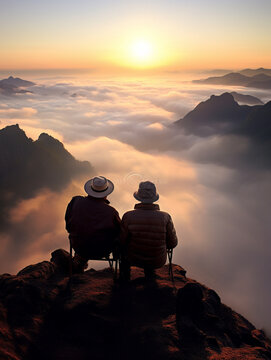 A Photo of Elderly Travelers Watching a Sunrise Atop a Mountain