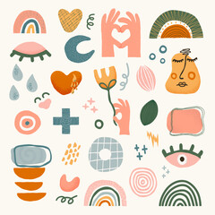 Big set of hand drawn various shapes and doodle objects. Doodle textured face, eyes, hands, rainbows and frames. Abstract contemporary modern trendy vector illustration. Relationship Concept.