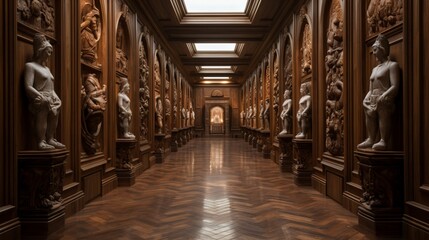 Fototapeta na wymiar A hallway with a series of decorative wall niches holding sculptures