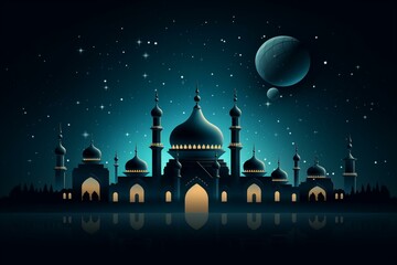 Beautiful nighttime Ramadan banner design featuring a stunning mosque and crescent moon. Generative AI