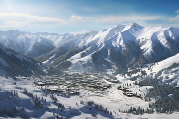 Bird's-eye vista of mountain slopes and ski resort at Olympic Valley. Generative AI - obrazy, fototapety, plakaty