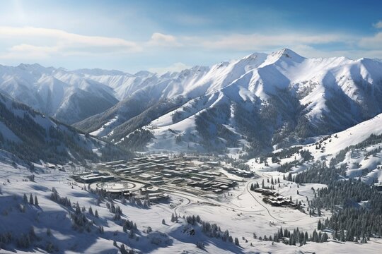 Bird's-eye vista of mountain slopes and ski resort at Olympic Valley. Generative AI