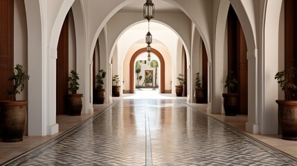 Fototapeta na wymiar A hallway with arched doorways and mosaic tile flooring