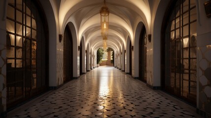 A hallway with arched doorways and mosaic tile flooring