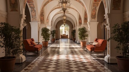 A hallway with arched doorways and mosaic tile flooring