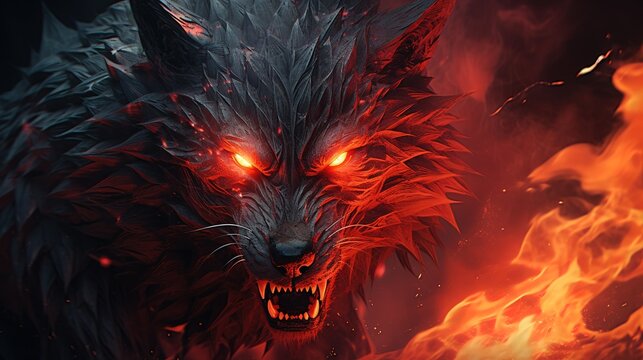 portrait of a black wolf in anger, grin, open mouth, red eyes, fiery background
