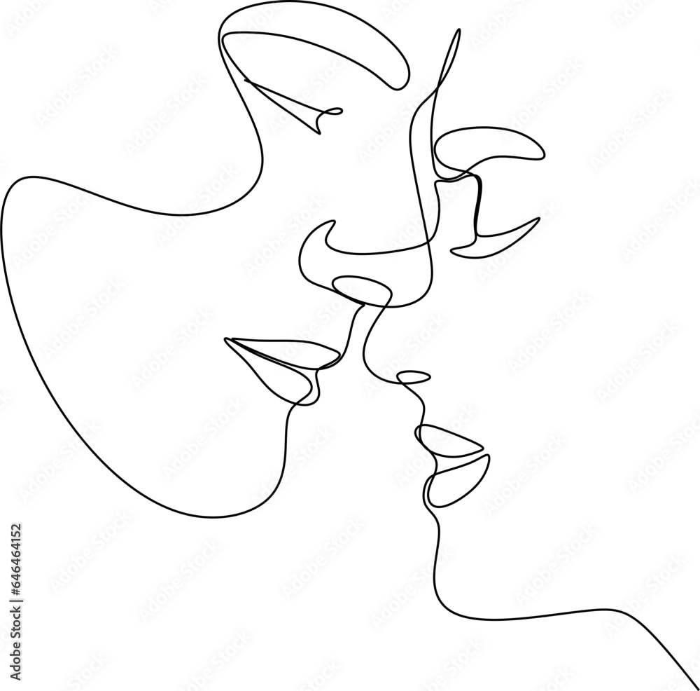 Wall mural Couple Faces One Line Drawing. Couple Kissing Creative Contemporary Abstract Line Drawing. Woman and Man Modern Vector Minimalist Design for Wall Art, Print, Card, Poster.