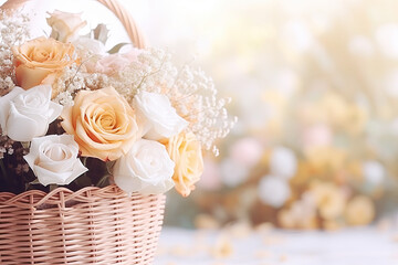 Roses in a basket, copy space