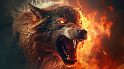 portrait of a black wolf in anger, grin, open mouth, red eyes, fiery background