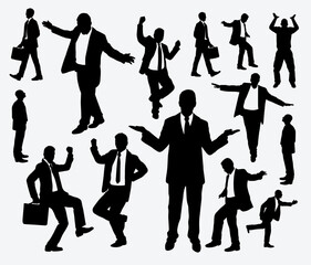 Business men silhouettes set in various poses. Group of business people. Flat vector illustrations. Lawyer, teacher, sales manager, boss, politician, broker, real estate agent. 