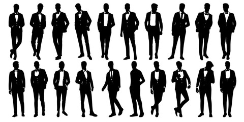 Silhouette of men crowd in different poses. a group of standing business people, profile, black color isolated on white background