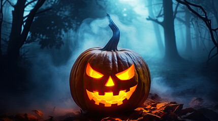 Obraz premium Scary halloween pumpkin in the dark forest at night. 