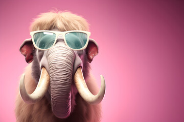 Creative animal concept. Mammoth in sunglass shade glasses isolated on solid pastel background, commercial, editorial advertisement, surreal surrealism