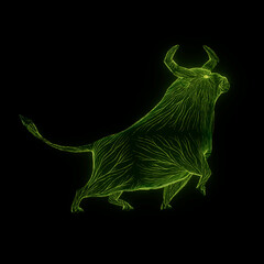 Bull Proud Pose  Side View Abstract Hologram Neon Background Financial Market Crash Down Trend Investment 3D
