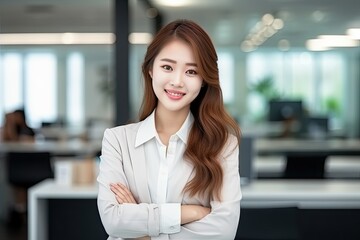 Obraz premium Beautiful Asian business woman smile in modern office. Smart and confident . Generative AI