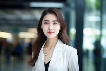 Beautiful Asian business woman smile in modern office. Smart and confident . Generative AI
