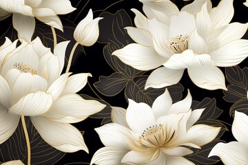 Abstract floral pattern with lotus flowers in gold and ivory shades. Generative AI