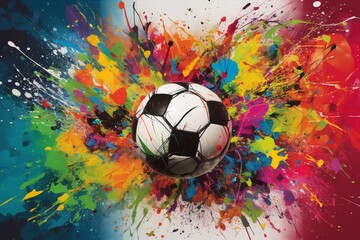 Image of soccer ball artwork bursting with vibrant colors. Generative AI