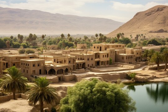 The ancient and picturesque city of Jericho, featuring houses and a serene lake. Generative AI