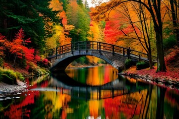 Awesome Autumn Landscape. Amazing sunset in Azalea and Rhododendron Park Kromlau. Rakotz Bridge, Rakotzbrucke Devil's Bridge in Kromlau, Saxony, Germany. Creative Artistic image