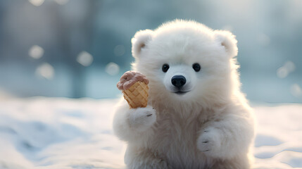Polar bear in the snow with ice cream