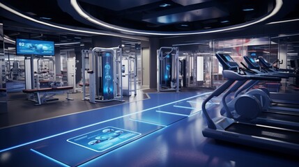 A high-tech fitness room with interactive screens and virtual training