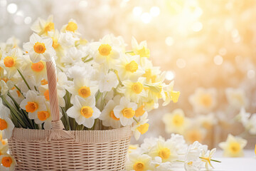 Daffodils  flowers in a basket, place for a text 