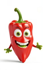 Cheerful red chili pepper, funny cartoon 3d character on white background
