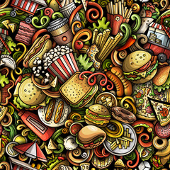 Cartoon doodles Fastfood seamless pattern