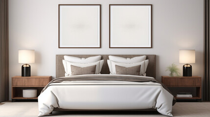 interior design, bedroom with white bed, frames mockup